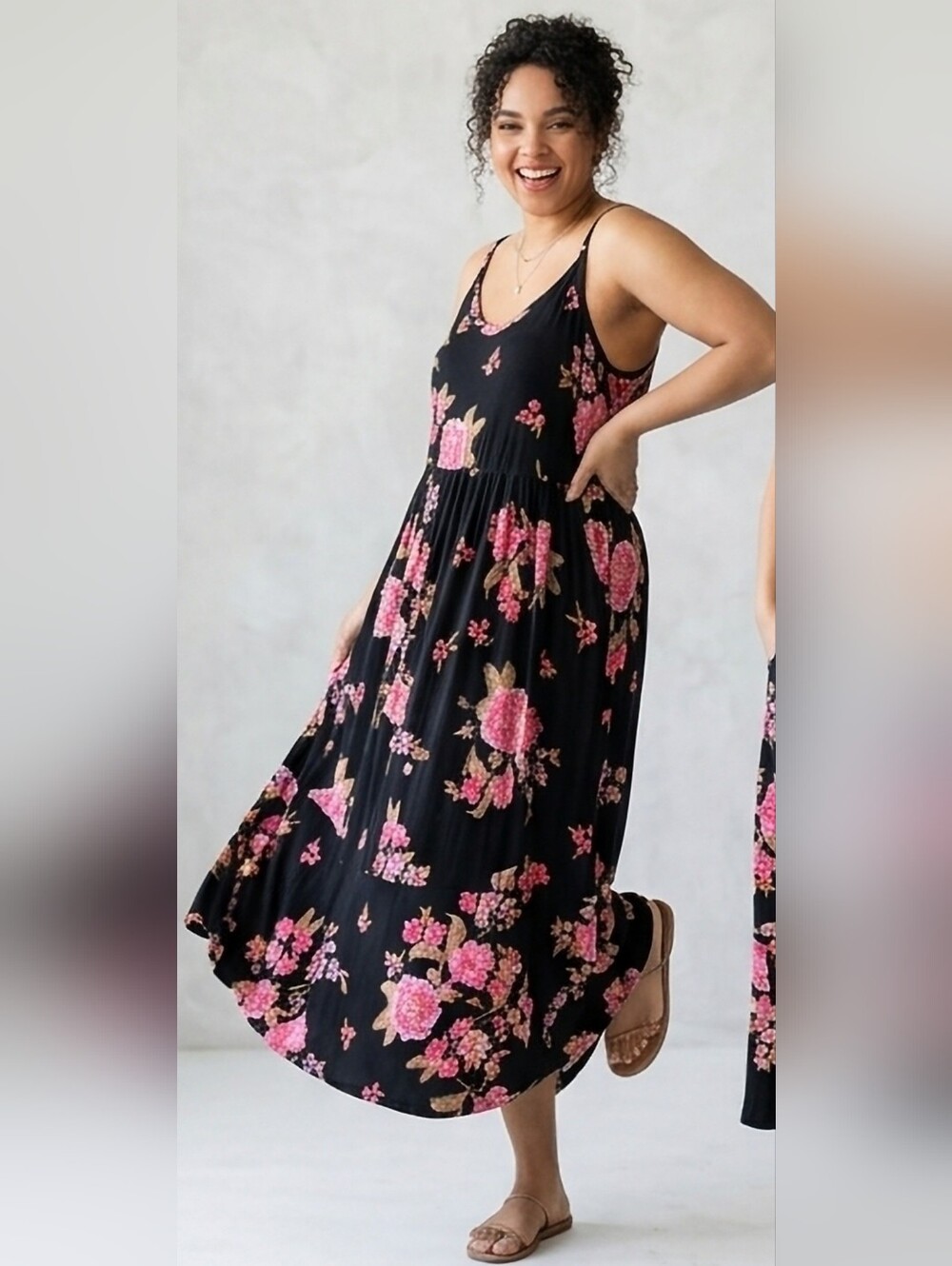 torrid Super Soft Knit Black Maxi Dress with Pink Floral Print 3/3X